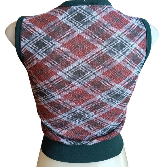 XS Vintage Argyle Cropped Knit Sweater Vest Top Sleeveless Pullover Green Trim - Picture 5 of 6